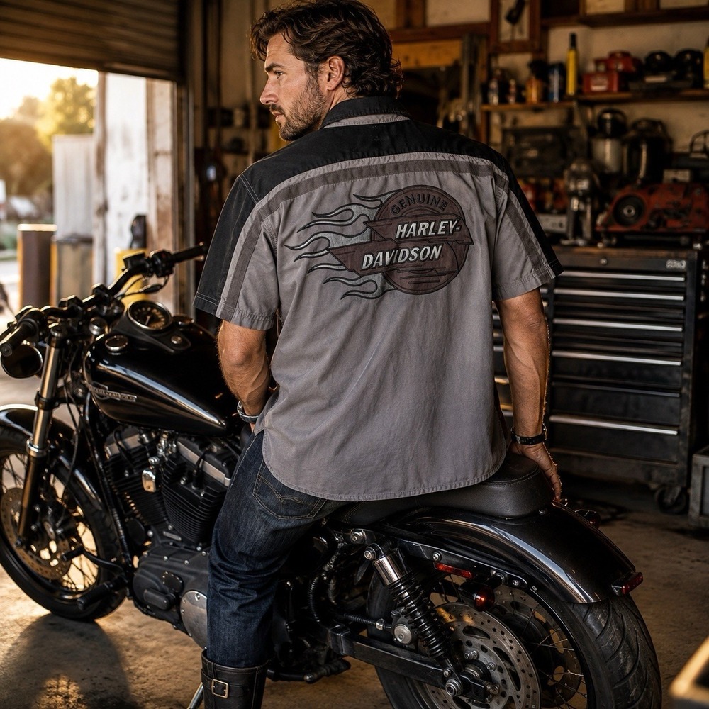 Harley Davidson Mens Mechanic Shirt M Embroidered Flames Short Sleeve Gray 2011